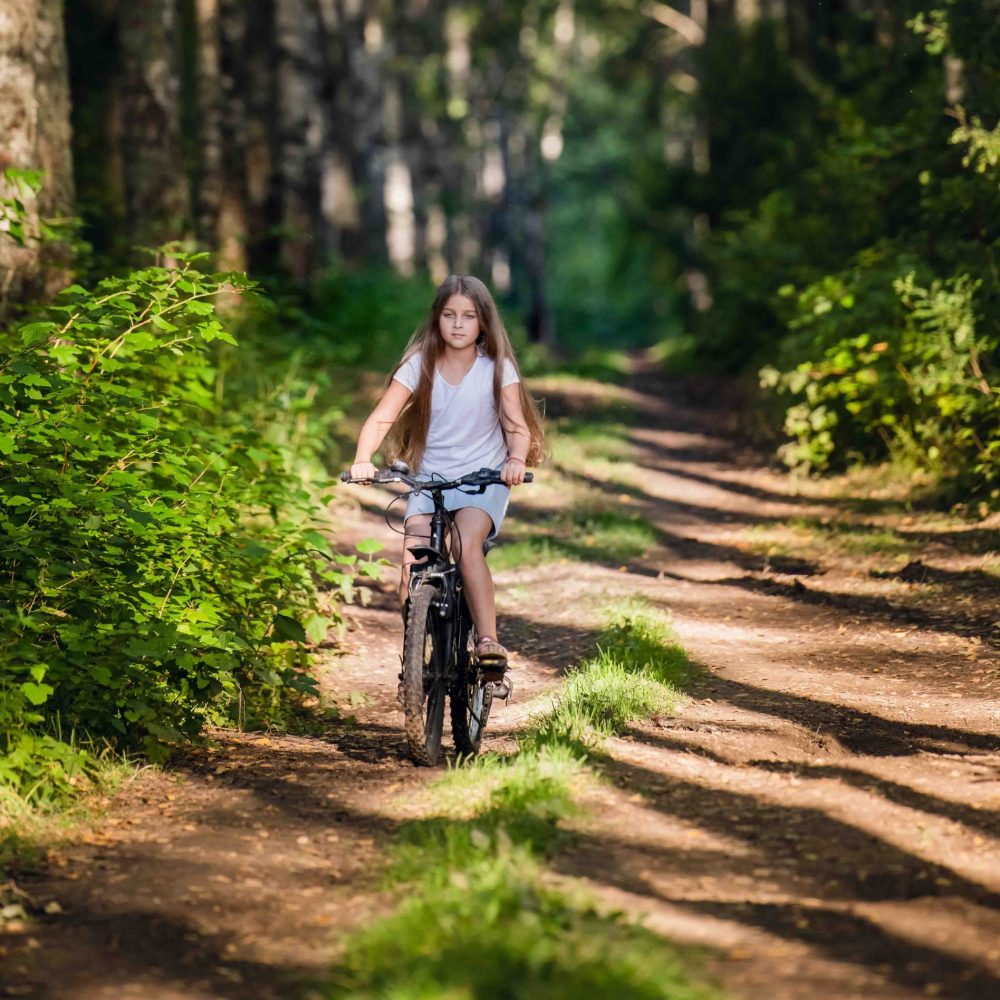 Children girl riding bicycle outdoor in forest smiling. Children girl riding bicycle outdoor in forest smiling
